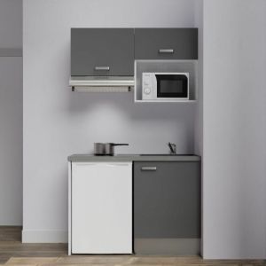 Cuisibane - Kitchenette K02L-PT - 120 cm avec plan de travail et évier - emplacements frigo, hotte et micro-ondes Façade Gris - Plan Gris - Evier Noir