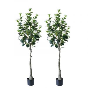 Lot de 2 Arbre &agrave; Fleurs de Cam&eacute;lia Blanc r&eacute;aliste, 150cm Arbre &agrave; Fleurs Artificiel, Plante Florale en Pot Blanc pour la d&eacute;coration int&eacute;rieure de la