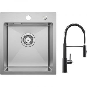 Cecipa - vier 1 Bac Bross&eacute; &Eacute;vier de Cuisine 40 &times; 45 cm &Eacute;vier Inox 304 Montage &agrave; Encastrer + Mitigeur de Cuisine &agrave; Ressort avec Douchette Extractible,