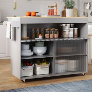 Desserte de cuisine 122x46-69x91cm, avec plateau en chêne pliable, porte coulissante en verre trempé, étagères réglables, porte-serviettes, roulettes