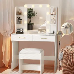 Janzdiys - Coiffeuse avec 10 Globes Lumineux led, 3 Couleurs, Coiffeuse avec Prise Et Grand Miroir, Tabouret Et Support pour Sèche-Cheveux, Coiffeuse