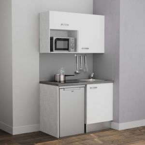 Kitchenette K07L-PT - 120 cm avec plan de travail et &eacute;vier, emplacements frigo et micro-ondes - Fa&ccedil;ade Blanc - Plan Gris - Evier Inox - Cr&eacute;dences Non