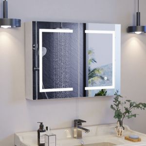 BLANKETSWARM - Armoire de salle de bain avec miroir et LED, armoire murale de salle de bain, miroir salle de bain avec prise et 2 &eacute;tag&egrave;re r&eacute;glable,