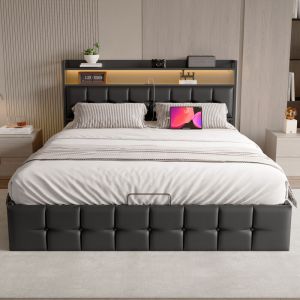 lit 140x190,lit coffre 140x190,lit adult,T&ecirc;te de lit avec rangement et chargement USB,lumi&egrave;res LED,Dossier souple,PU,noir