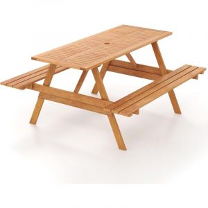 Table de Pique-Nique avec Bancs en Bois, Table de Salle à Manger d'Extérieur Rectangulaire pour 6 Personnes avec Trou pour Parasol, pour Patio,