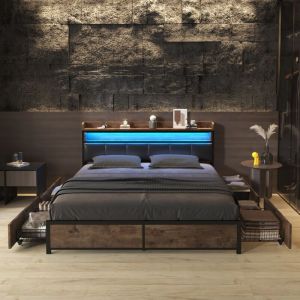 Lit double 180x200 cm avec 4 tiroirs, tête de lit avec éclairage led, sommier à lattes, cuir pu, style vintage - Marron