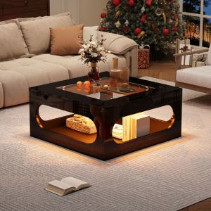 Table Basse LED Carr&eacute;e 70x70x35 cm Table de Salon Noir avec Hublot de Rangement, Plateau Verre Tremp&eacute; Brillant, Conception creuse