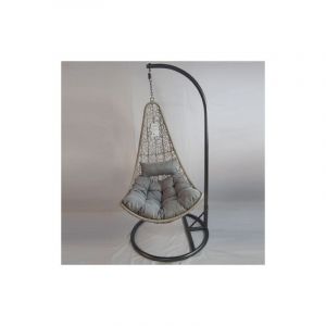 Fauteuil suspendu rond avec structure en me'tal et revetement en polirattan avec coussins gris 95x195 cm pour terrasse de jardin exte'rieur