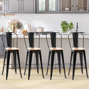 Lot de 4 tabourets de Bar Industriel avec Dossier Repose-Pied Hauteur Assise 76 cm métal noir Panneaux Multicouches Imitation Bois ClairTabouret de