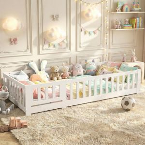 Lit Enfant 90x190 cm en Bois Massif, Lit Bateau avec Garde-corps S&eacute;curis&eacute;, Anti-chute, Sommier &agrave; Lattes Inclus, Blanc