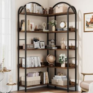 Bibliothèque d'angle à 5 niveaux, étagère d'angle industrielle en Bois et Métal, Meuble de Rangement,étagère de rangement pour bureau à domi,étagère