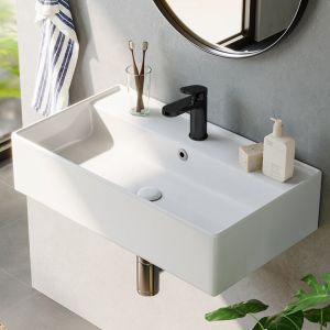 Horow - Support mural, rectangulaire, lavabo de salle de bains, porcelaine blanche, c&eacute;ramique, petit r&eacute;cipient, lavabo moderne, lavabo classique, 55