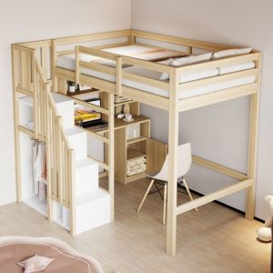 Lit mezzanine enfant 90x200 avec bureau, &eacute;tag&egrave;res, rangements, &eacute;chelle s&eacute;curis&eacute;e escamotable, structure bois massif - Bois naturel (sans Matelas)