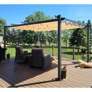 Purple Leaf - Pergola Aluminium pour Terrasse Ext&eacute;rieur, Toit Coulissante, Pavillon De Jardin, 4.8 x 3.5 m, Beige