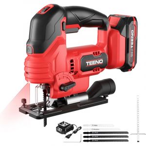 TEENO 20V Scie Sauteuse Sans Fil avec 1x2.0Ah Batteries, 800-3000 SPM Scie Sauteuse Laser avec 3 lames bois, 1 lames à métaux et 1lame PVC,