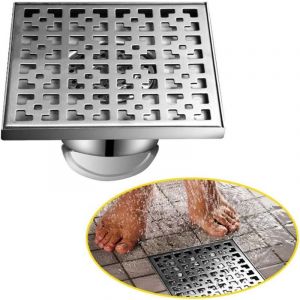 Sjqka &ndash; Siphon de sol 20x20 cm en acier inoxydable 304 &ndash; &Eacute;coulement de douche avec tamis &agrave; cheveux &ndash; Anti-odeur et anti-colmatage - Silver-20