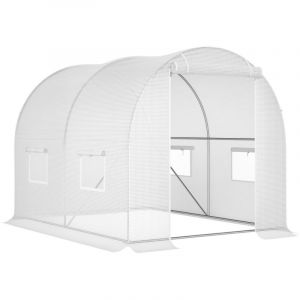 Outsunny Serre de Jardin Tunnel 6 m&sup2; 3L x 2l x 1,9H m Acier galvanis&eacute; renforc&eacute; diam&egrave;tre 2,4 cm + PE Haute densit&eacute; fen&ecirc;tres Porte Blanc