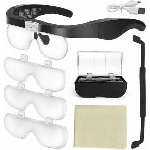 Lunettes Loupe avec 2 Lumières led, Frontale Grossissantes Casque Loupe Mains Libres pour Couture, Lecture Réparations, Bijoux, Montres et Artisanat,