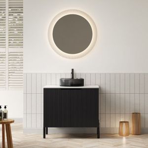 Meuble lavabo sur pied 76 cm avec meuble 2 portes ray&eacute; noir - Avec vasque ronde verre noir transparent