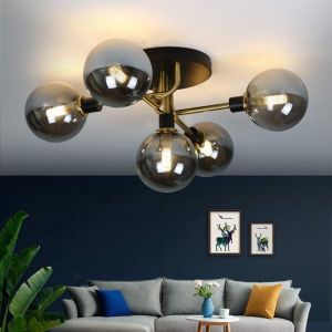 ZMH - Plafonnier salon avec 5-flamme boules de verre G9 douille plafonnier en gris fumée chambre à coucher lampe d'intérieur couronne lampe enfant