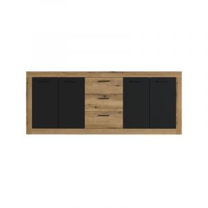 Buffet INDUS M&eacute;lamin&eacute; chene et noir - 4 portes + 3 tiroirs - Style industriel - L 206 x P 45 x H 83,5 cm STONE