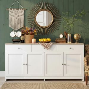 Buffet 160 cm avec 3 Tiroirs et 4 Portes&ndash; Buffet Scandinave, Grand Espace de Stockage pour Salon ou Chambre &ndash; Blanc