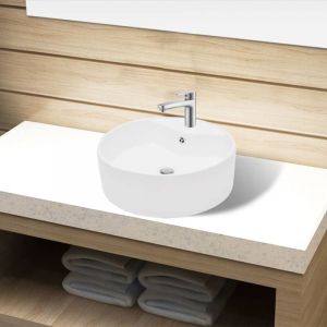 Vasque à poser Lavabo Évier à poser Bac à laver à trou de trop-plein/robinet céramique Blanc Rond CVW39139