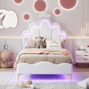 Lit simple 90x200cm - lit enfant t&ecirc;te de lit princesse couronne et avec barre lumineuse LED r&eacute;glable, sommier &agrave; lattes, Lit simple style Scandinave