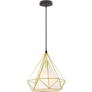 E27 Lustre Suspension Vintage Lampe Suspension Abat-jour Forme Diamant &Eacute;clairage de Plafond en M&eacute;tal et Tissu &Oslash;25CM Or Noir - 1Pcs