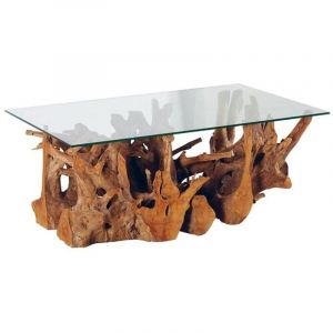 Table basse style bois flott&eacute; en racine de teck et verre 120cm Casita