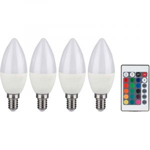 Ampoule RGB LED E14 dimmable avec t&eacute;l&eacute;commande Bougie avec changement de couleur, 4,8 watts 470 lumens blanc chaud, DxH 3,6x11 cm, lot de 4