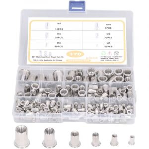 170 Pièces Acier Inoxydable Rivet Écrou Outil Plat Tête Filetée Rivet Nutsert Cap Assortiment kit M3 M4 M5 M6 M8 M10 Types Nuts
