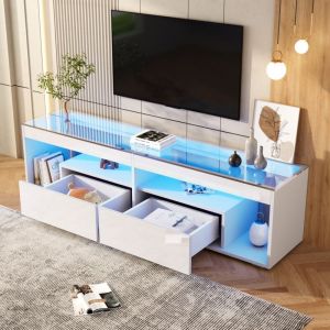 Meuble TV laqu&eacute; blanc pour TV jusqu'&agrave; 70 pouces, 2 tiroirs, LED dimmable, verre tremp&eacute;, 180&times;40&times;46 cm