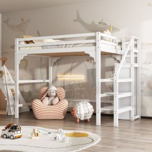 Lit mezzanine 140x200 avec escalier, penderie et lit enfant intégrés. Blanc. Équipée d'un sommier à lattes et de rangements (sans Matelas)
