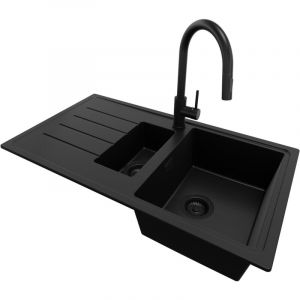 PRIMAGRAN Evier Cuisine en Granit 90x50cm, Lavabo 1,5 bacs + Robinet 40x20cm + Kit de Vidage, &Eacute;vier &agrave; Encastrer au meuble 60cm - Copenhague Duo, Tout