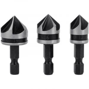 3pcs 1/4" Hex HCS Fraise &agrave; Chanfreiner 5 Fl&ucirc;te Foret Embouts pour phanfreiner &Eacute;vier &agrave; Fraise Conique 12mm/16mm/19mm Pour Bois M&eacute;tal