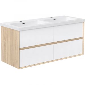OCEAN Ensemble Meuble de salle de Bain Suspendu 120cm avec Vasque, 4 Tiroirs, Blanc + Ch&ecirc;ne, Pr&ecirc;t &agrave; Assembler