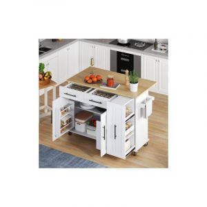 &Icirc;lot de cuisine avec plateau rabattable, desserte &agrave; roulettes avec armoire coulissante 3 niveaux, &eacute;tag&egrave;re int&eacute;rieure, porte-serviettes, 2 tiroirs &ndash;