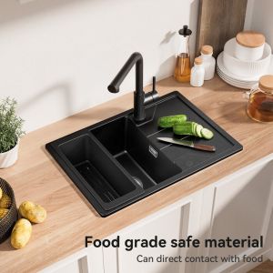 CECIPA MAX &Eacute;vier de cuisine en granit 65 x 45 cm &Eacute;vier &agrave; poser en granit avec panier de vidange, y compris siphon et ensemble de trop-plein