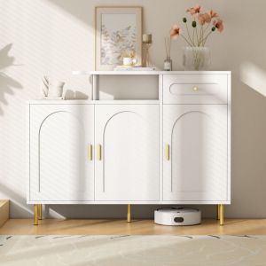Modfu - Buffet/commode à chaussures avec poignées en métal, 1 tiroir, 3 portes, sur pieds métalliques – blanc, 120x92x35 cm