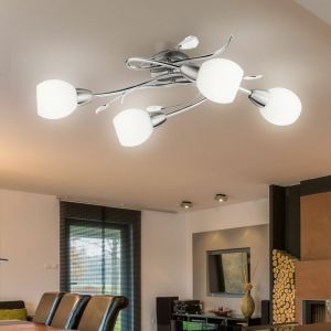 Globo - Plafonnier plafonnier lampe de salon spot lampe spot, 4 ampoules, feuilles décoratives verre opale chrome, douilles E14, Lxl 70x25cm