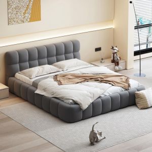 Dans Les Nuages &ndash; Lit double 160x200 cm &ndash; T&ecirc;te de lit capitonn&eacute;e en coton et lin &ndash; Sommier &agrave; lattes en bois &ndash; Cadre en m&eacute;tal &ndash; Gris moderne