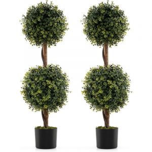 COSTWAY Lot de 2 Arbres Artificiels Topiaire 90 cm avec Double Boule, Fausse Plante en Pot Rempli de Ciment avec Mousse Naturelle, D&eacute;coration