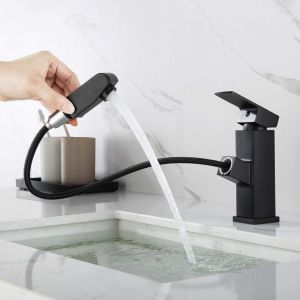 Robinet Mitigeur Lavabo avec Douchette Extractible, Robinet Mitigeur Salle de Bain Noir, Hauteur du Robinet 18mm