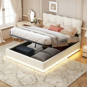 Lit coffre 140x190 cm, lit 140x190 avec rangement, t&ecirc;te de lit rembourr&eacute;e avec bande lumineuse LED int&eacute;gr&eacute;e, sommier &agrave; lattes, design, Beige