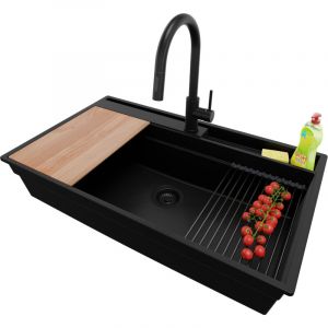Primagran - Evier Cuisine en Granit 88x53cm, Lavabo 1 bac + Kit de Vidage + Accessoire, &Eacute;vier &agrave; Encastrer au meuble 90cm - Oslo Pocket, Tout Noir