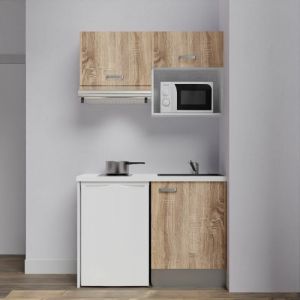 Kitchenette K02L-PT - 120 cm avec plan de travail et &eacute;vier - emplacements frigo, hotte et micro-ondes Fa&ccedil;ade Bois - Plan Blanc - Evier Noir