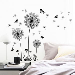 Stickers muraux fleurs de pissenlit noir (60x90cm) i papillon plantes branche arbre i autocollant sticker mural pour salon chambre cuisine salle de