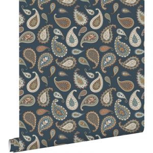 Estahome - papier peint paisleys bleu fonc&eacute;, beige et vert menthe