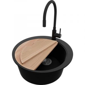 Primagran - Evier cuisine Granit Rond 53x53cm, Evier 1 bac + Robinet 40x38cm + Kit de Vidage + Planche à Découper, Lavabo Cuisine au meuble 50cm